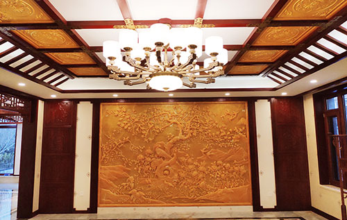 长春中式别墅客厅中式木作横梁吊顶装饰展示